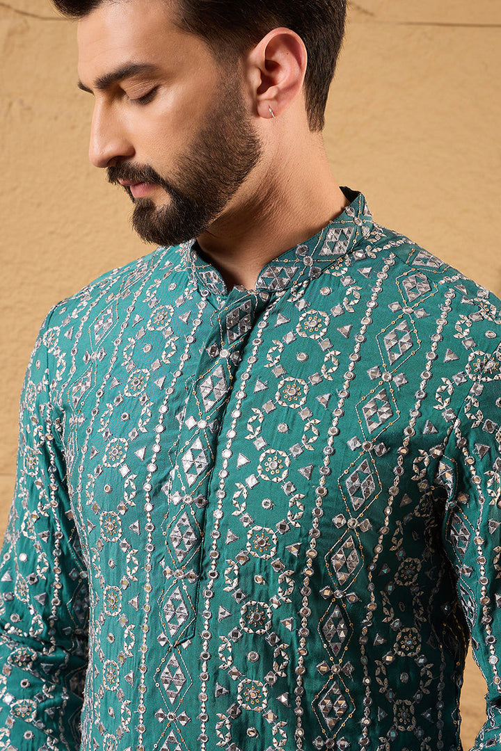 Blue Silk Embroidered Mandarin Collar Straight Kurta | SHOBITAM