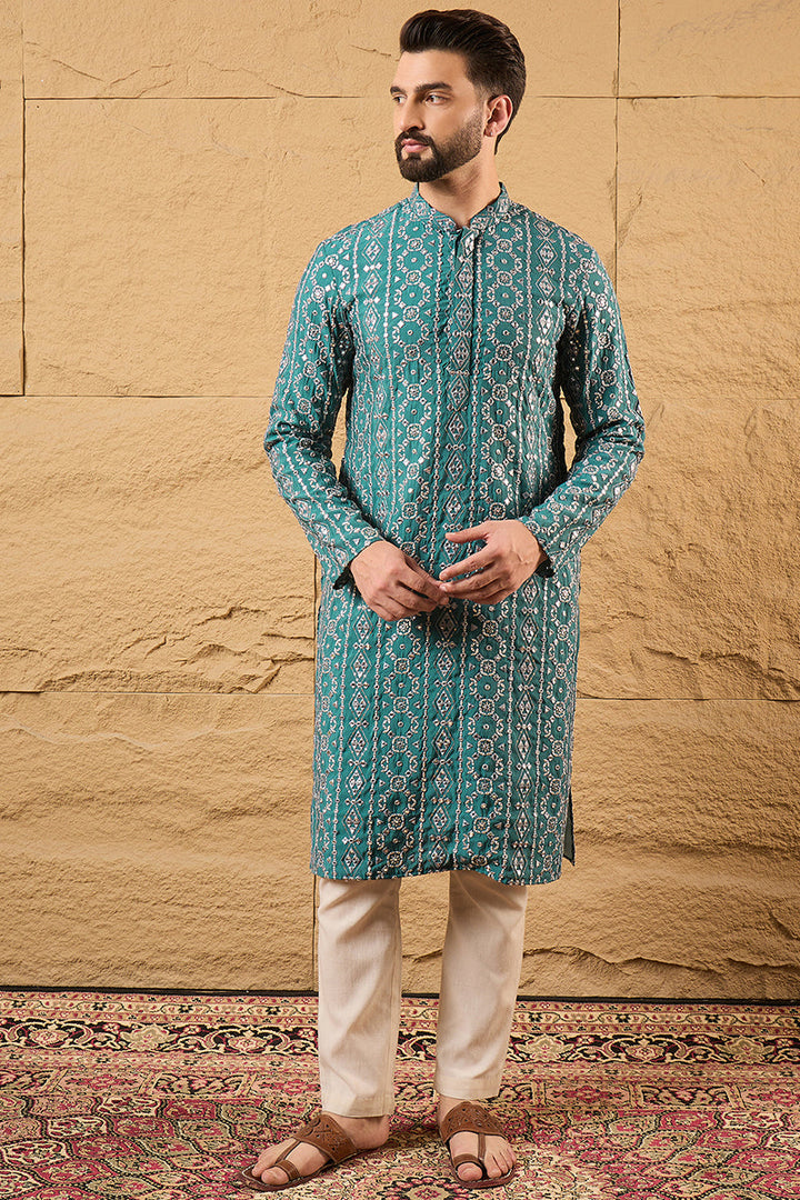 Blue Silk Embroidered Mandarin Collar Straight Kurta | SHOBITAM