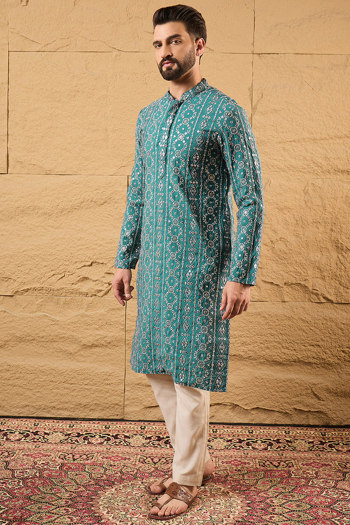 Blue Silk Embroidered Mandarin Collar Straight Kurta | SHOBITAM