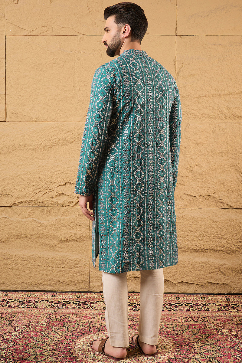 Blue Silk Embroidered Mandarin Collar Straight Kurta | SHOBITAM