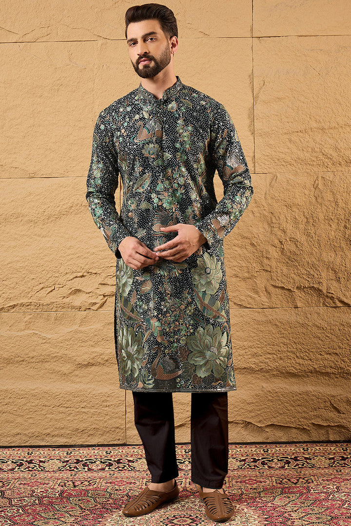 Green Georgette Embroidered Mandarin Collar Straight Kurta | SHOBITAM