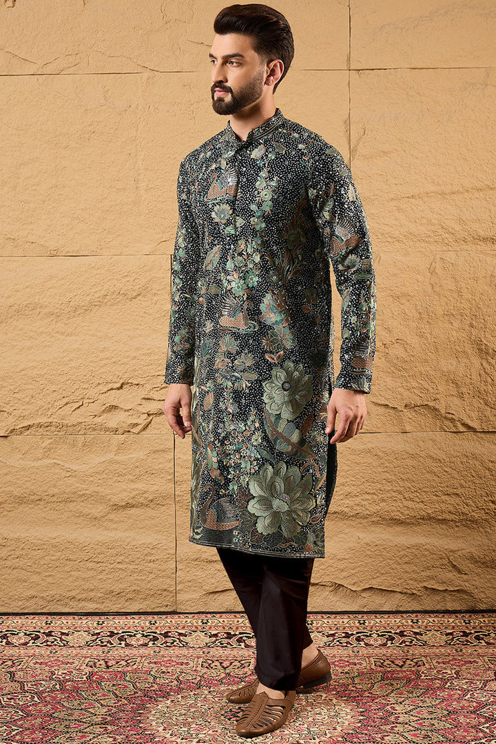 Green Georgette Embroidered Mandarin Collar Straight Kurta | SHOBITAM