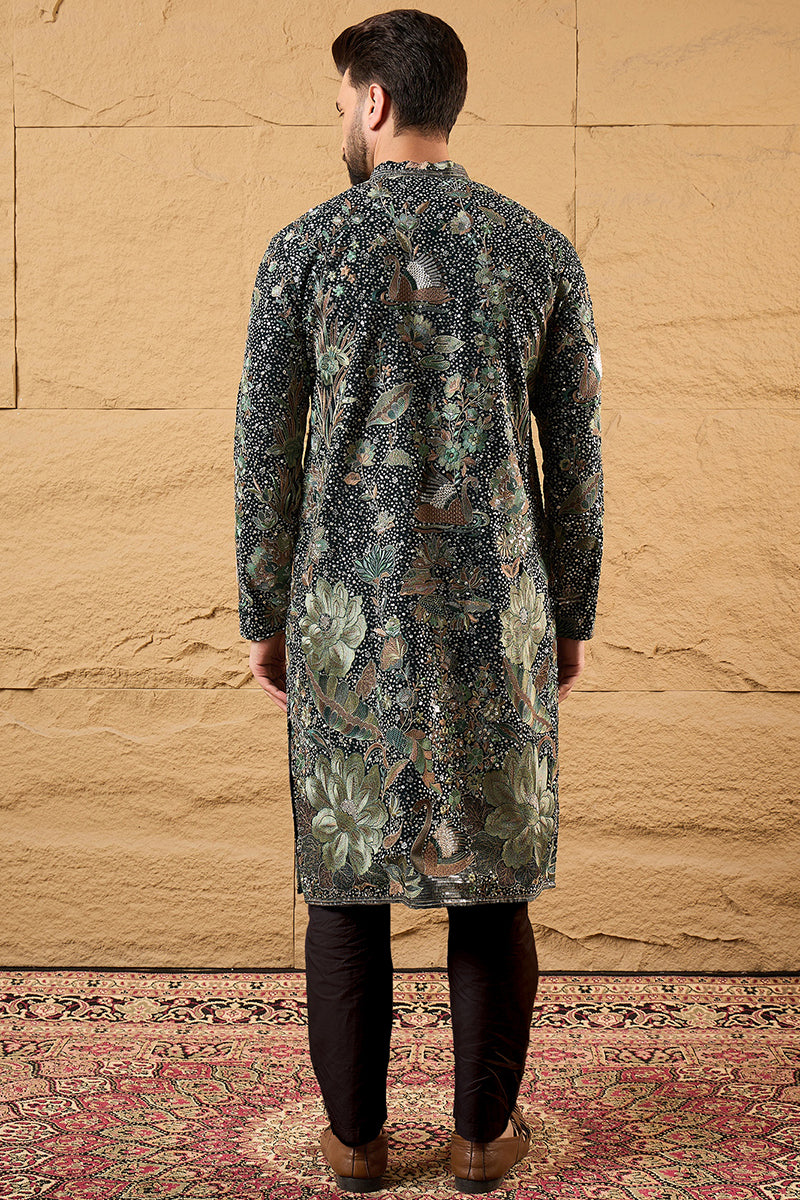 Green Georgette Embroidered Mandarin Collar Straight Kurta | SHOBITAM