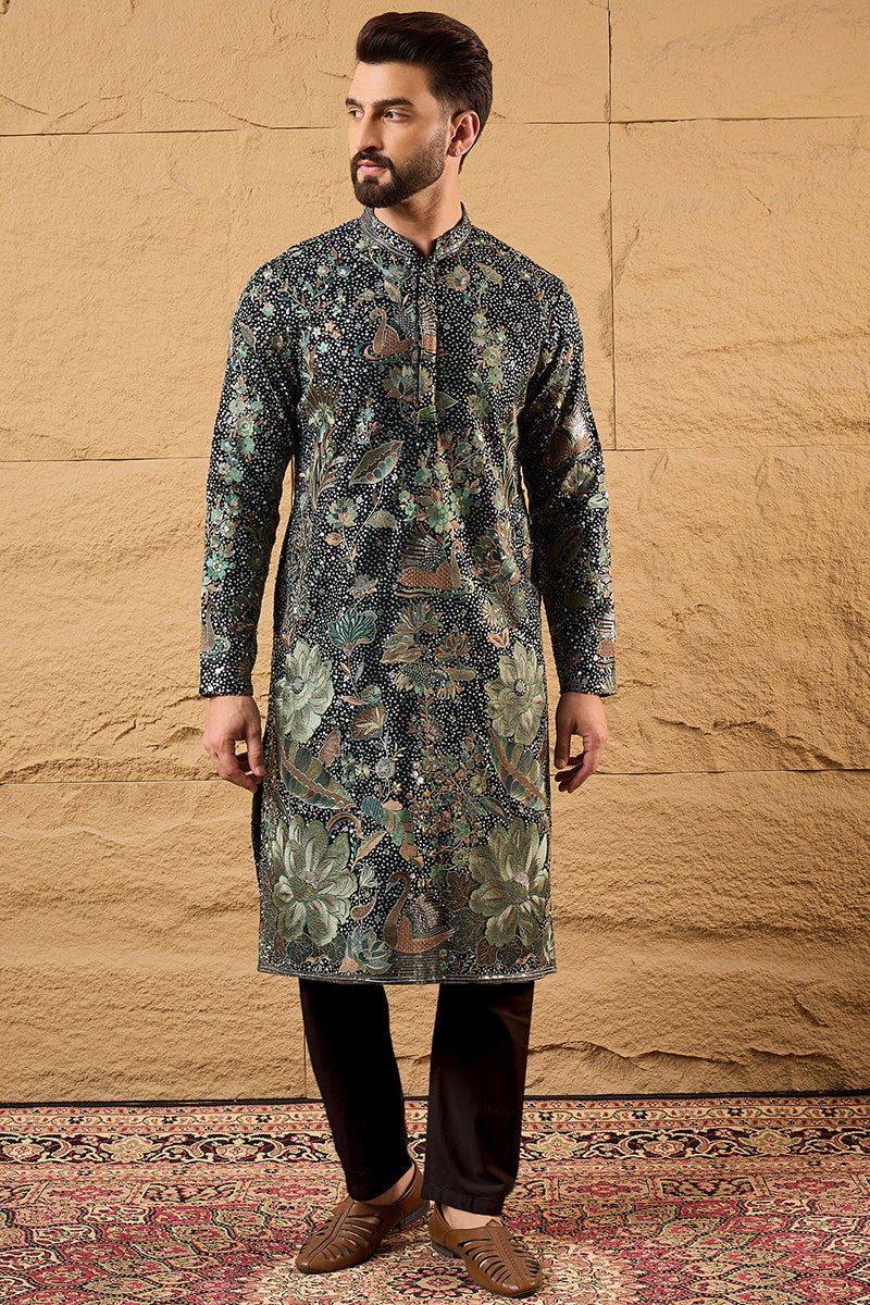 Green Georgette Embroidered Mandarin Collar Straight Kurta | SHOBITAM