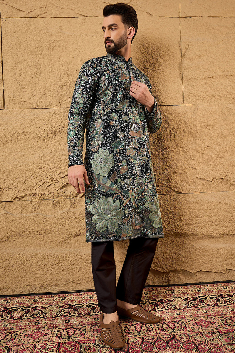 Green Georgette Embroidered Mandarin Collar Straight Kurta | SHOBITAM