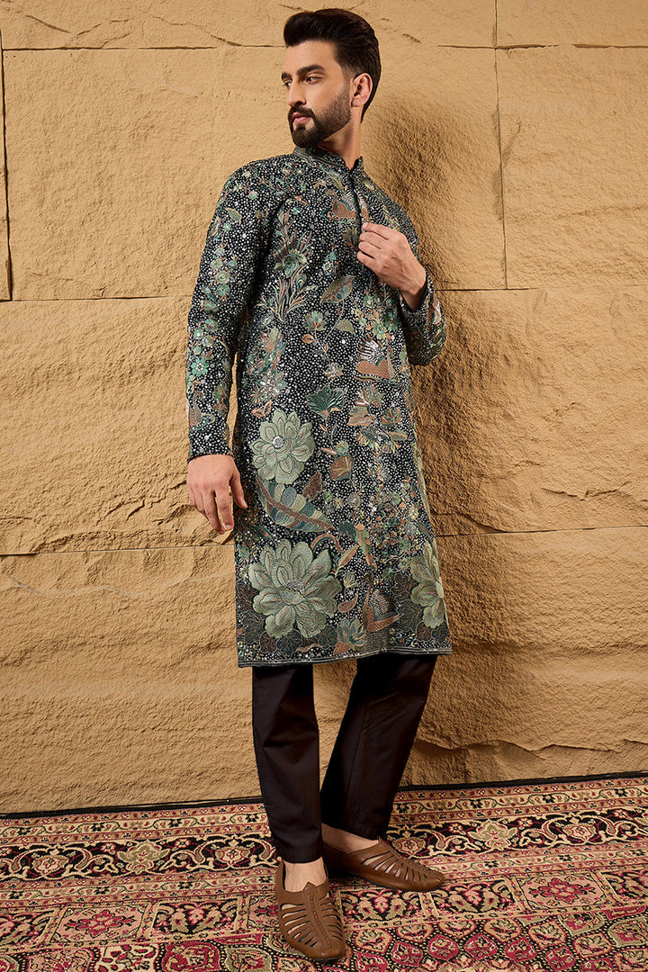 Green Georgette Embroidered Mandarin Collar Straight Kurta | SHOBITAM