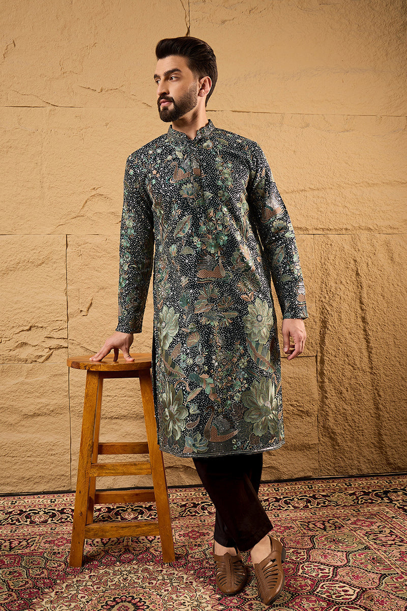 Green Georgette Embroidered Mandarin Collar Straight Kurta | SHOBITAM