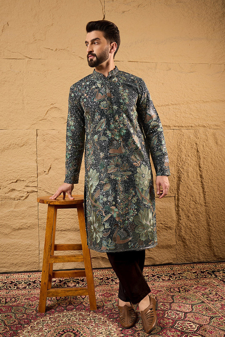 Green Georgette Embroidered Mandarin Collar Straight Kurta | SHOBITAM