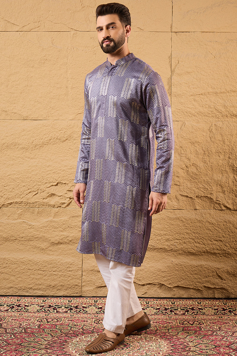 Purple Silk Blend Solid Embroidered Straight Kurta | SHOBITAM