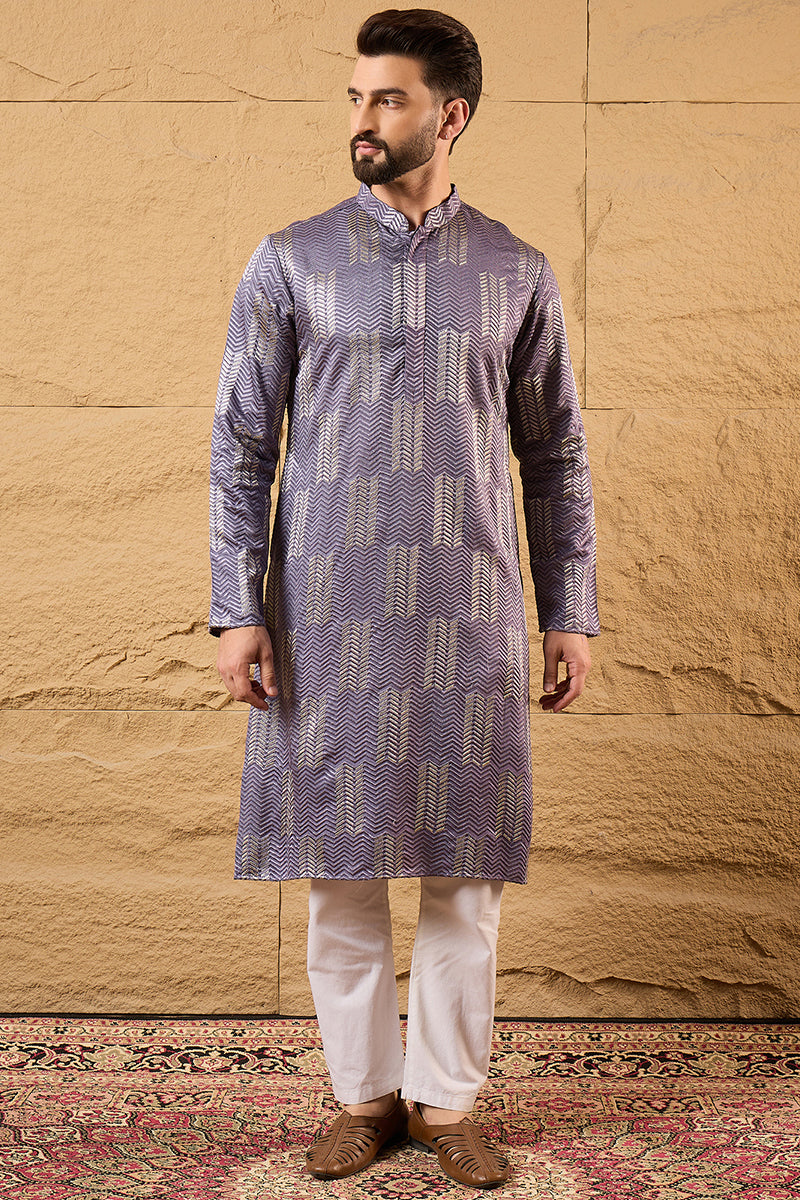 Purple Silk Blend Solid Embroidered Straight Kurta | SHOBITAM