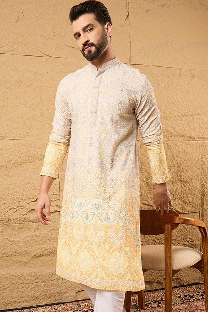 Yellow Viscose Rayon Ethnic Motifs Embroidered Straight Kurta | SHOBITAM