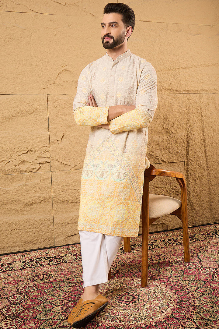 Yellow Viscose Rayon Ethnic Motifs Embroidered Straight Kurta | SHOBITAM