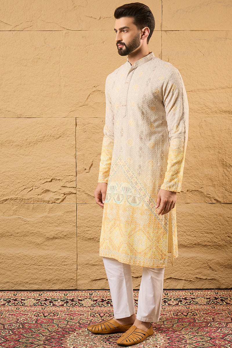Yellow Viscose Rayon Ethnic Motifs Embroidered Straight Kurta | SHOBITAM