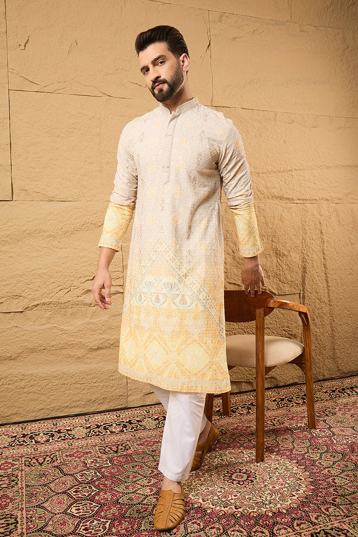 Yellow Viscose Rayon Ethnic Motifs Embroidered Straight Kurta | SHOBITAM