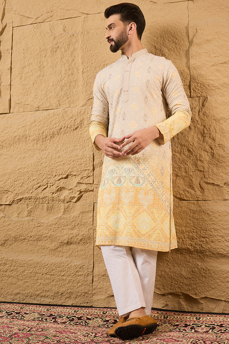 Yellow Viscose Rayon Ethnic Motifs Embroidered Straight Kurta | SHOBITAM