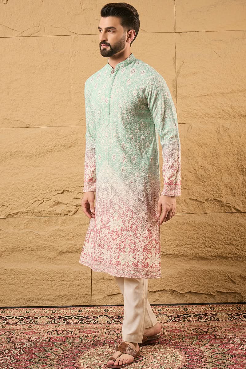Teal Viscose Rayon Ethnic Motifs Embroidered Straight Kurta | SHOBITAM