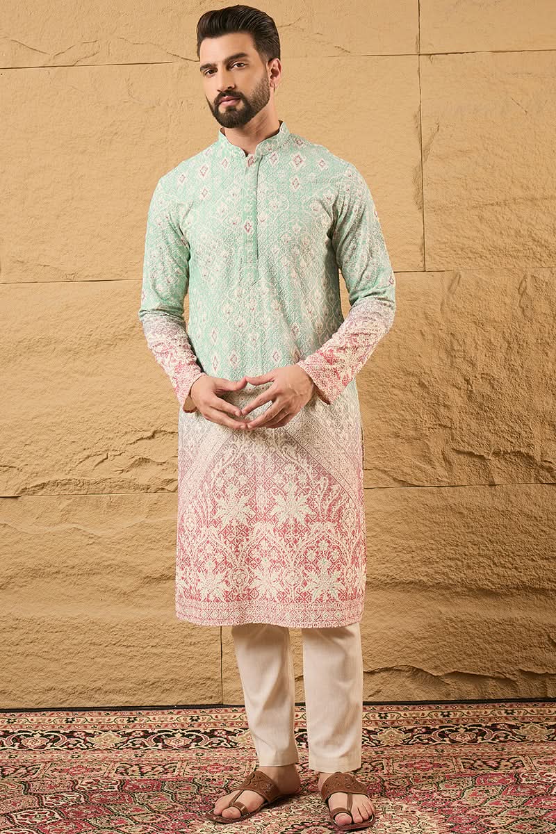 Teal Viscose Rayon Ethnic Motifs Embroidered Straight Kurta | SHOBITAM