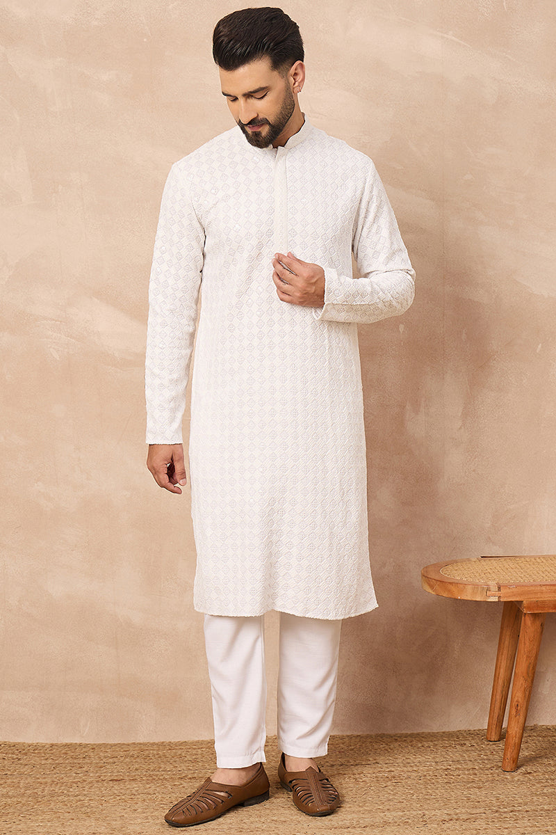 White Viscose Rayon Solid Embroidered Straight Kurta | SHOBITAM