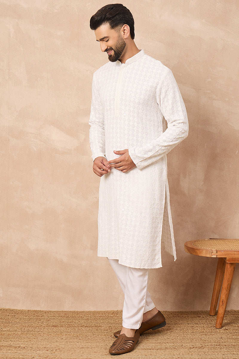 White Viscose Rayon Solid Embroidered Straight Kurta | SHOBITAM