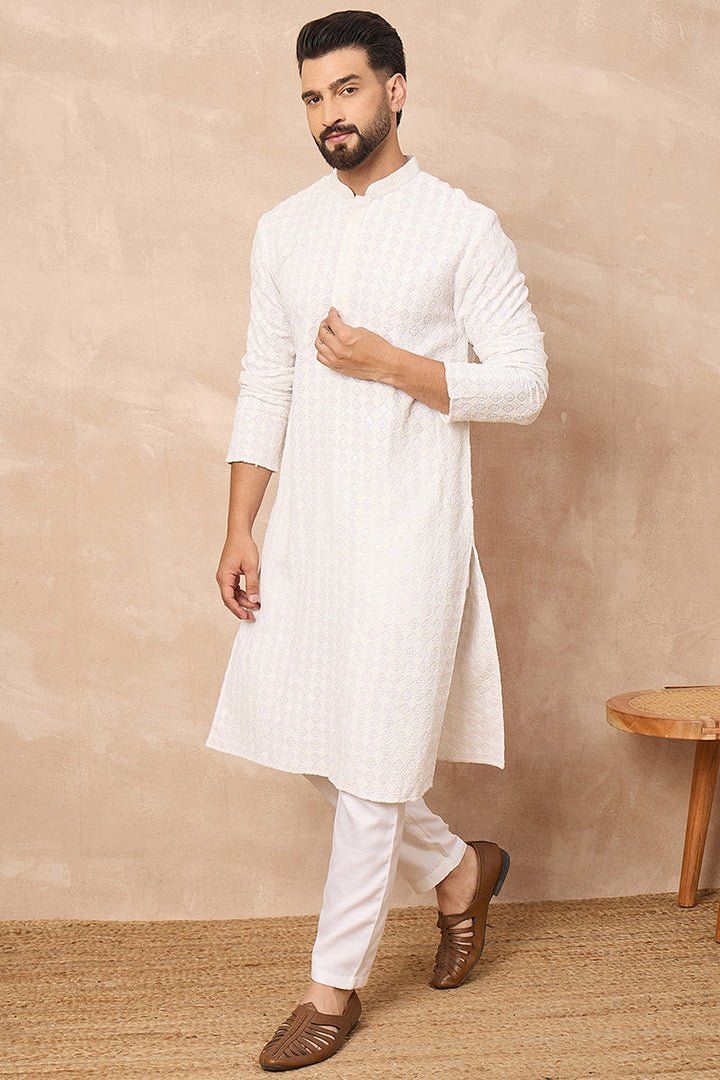 White Viscose Rayon Solid Embroidered Straight Kurta | SHOBITAM