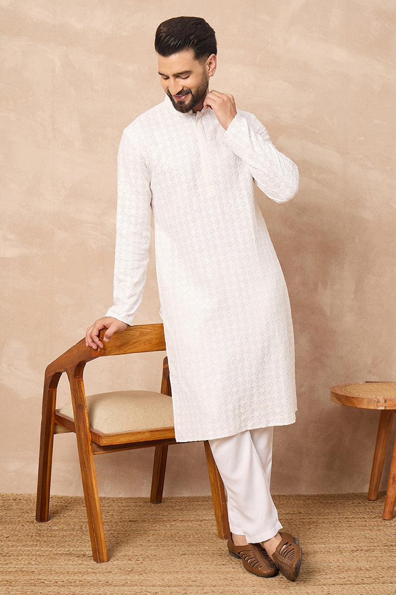 White Viscose Rayon Solid Embroidered Straight Kurta | SHOBITAM
