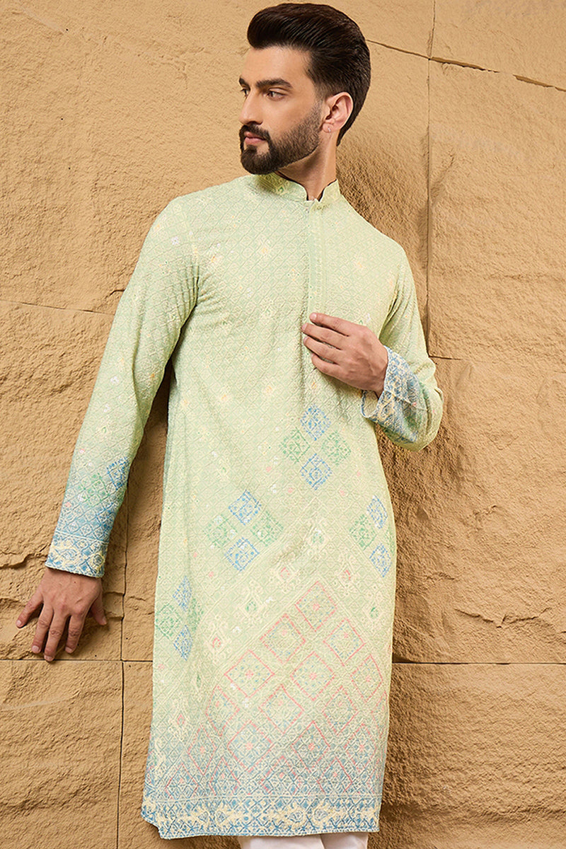 Green Viscose Rayon Bandhani Embroidered Straight Kurta