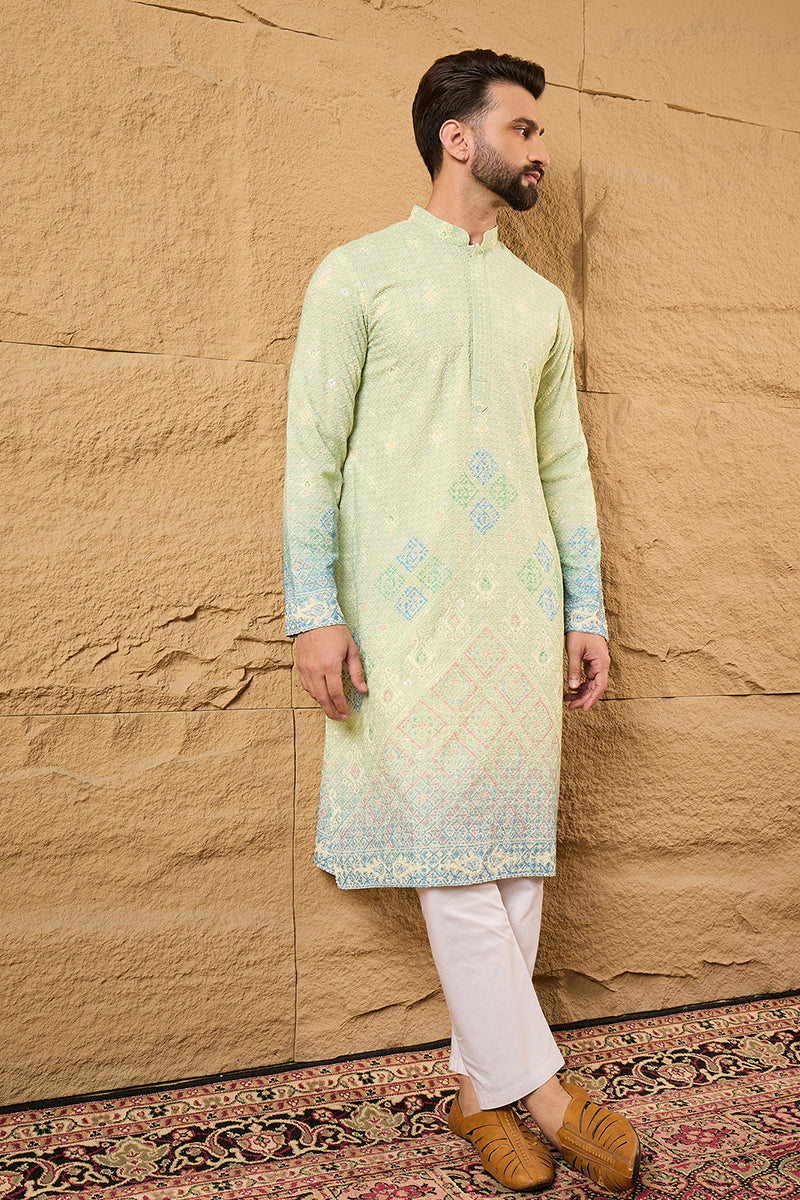 Green Viscose Rayon Bandhani Embroidered Straight Kurta