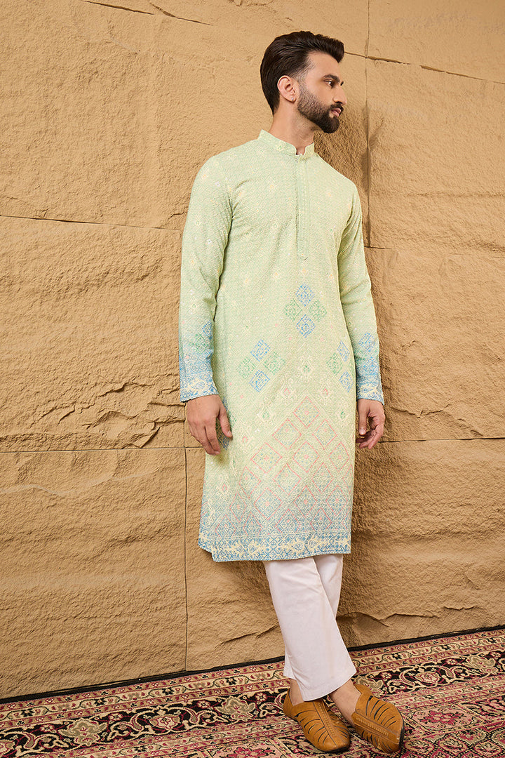 Green Viscose Rayon Bandhani Embroidered Straight Kurta