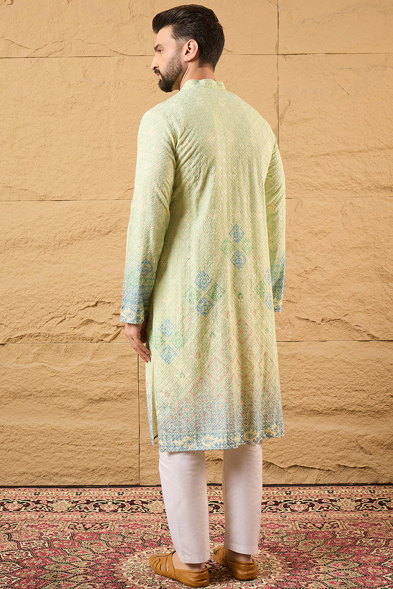 Green Viscose Rayon Bandhani Embroidered Straight Kurta