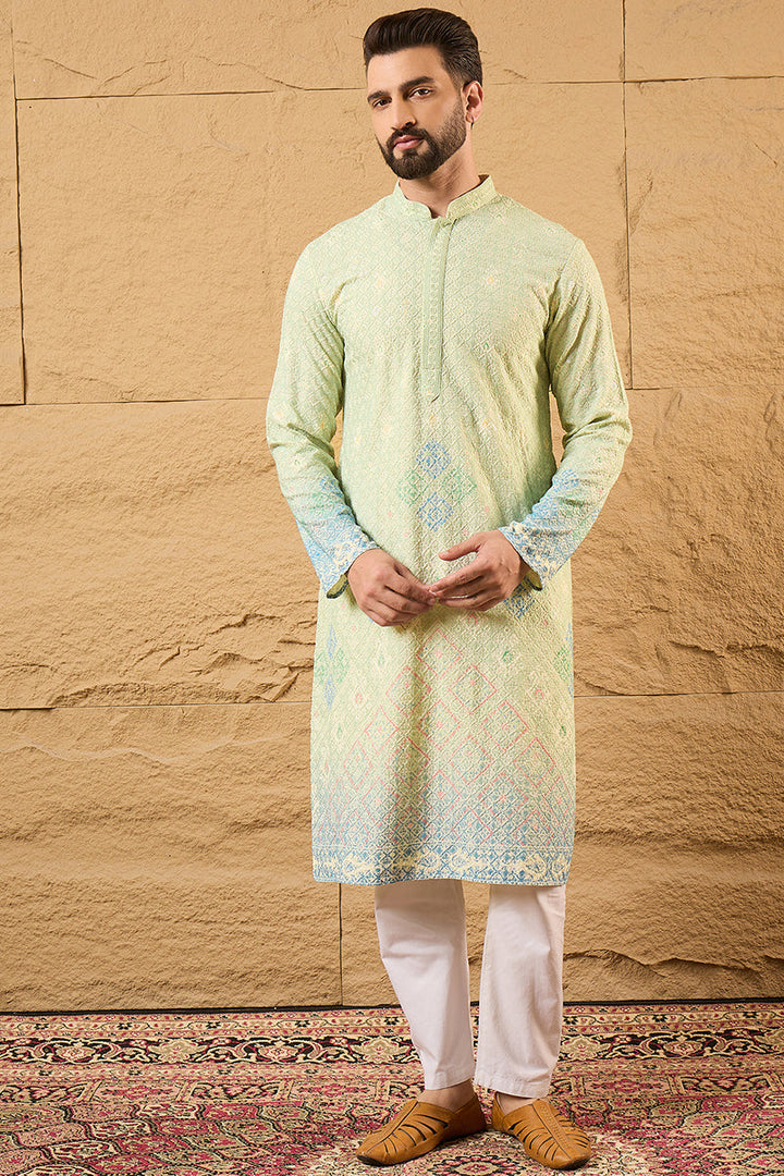 Green Viscose Rayon Bandhani Embroidered Straight Kurta