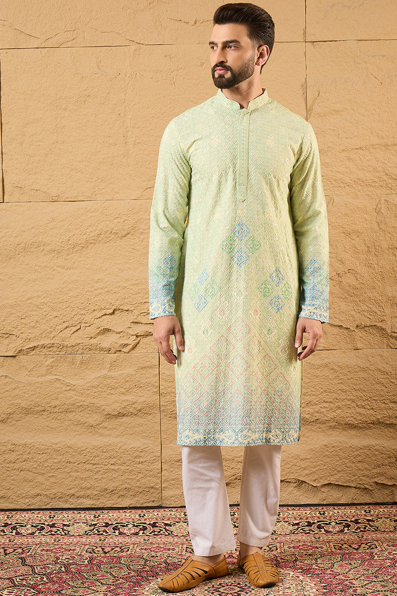 Green Viscose Rayon Bandhani Embroidered Straight Kurta