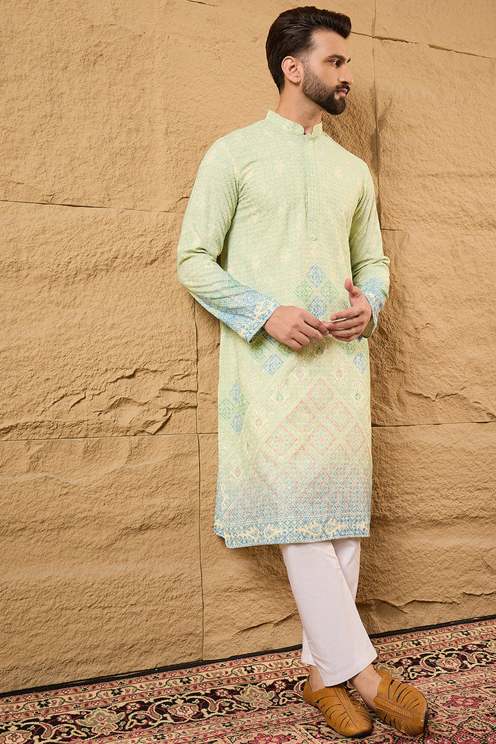 Green Viscose Rayon Bandhani Embroidered Straight Kurta