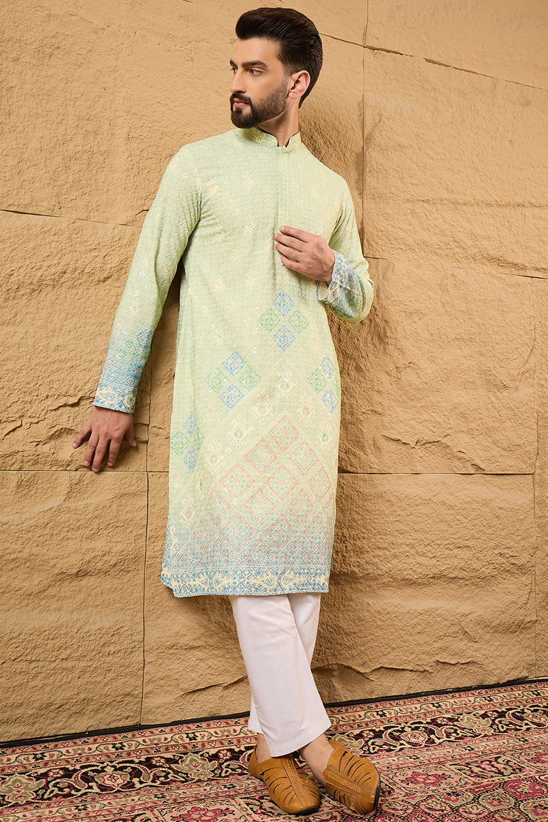 Green Viscose Rayon Bandhani Embroidered Straight Kurta