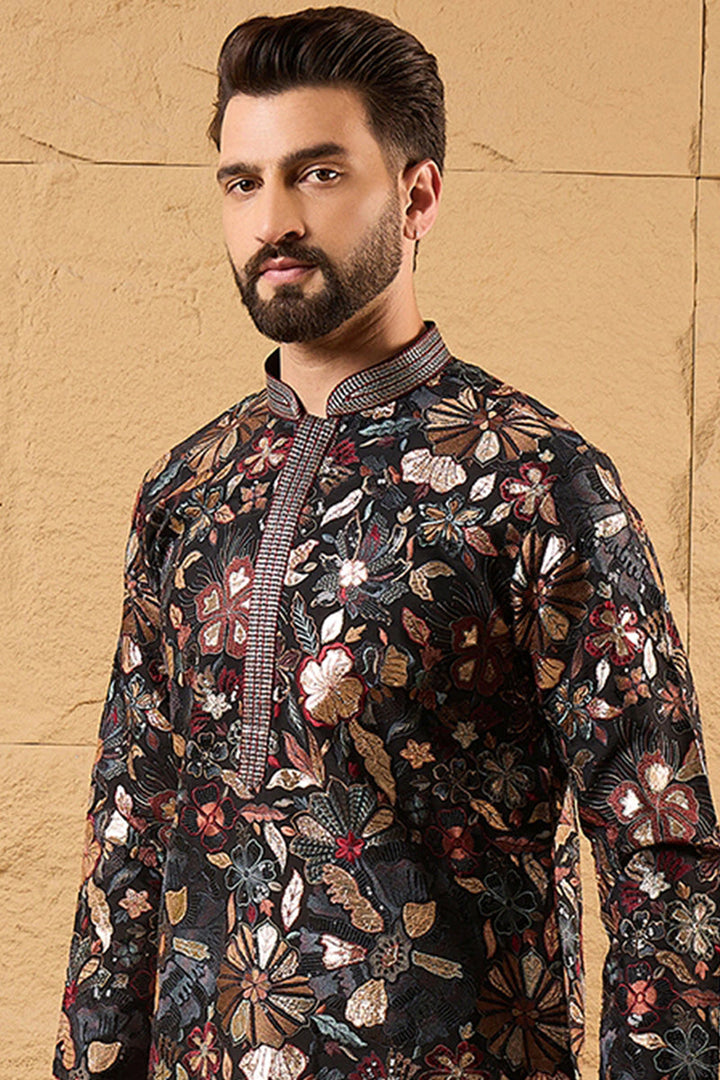 Black Silk Blend Solid Embroidered Straight Kurta | SHOBITAM
