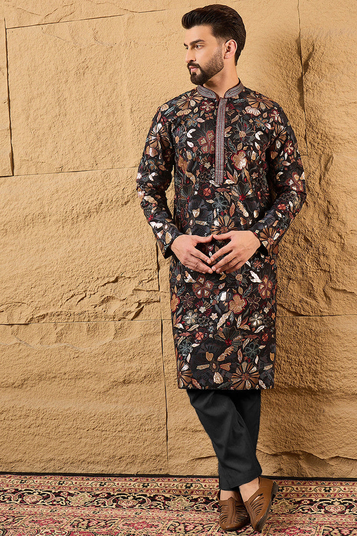 Black Silk Blend Solid Embroidered Straight Kurta | SHOBITAM