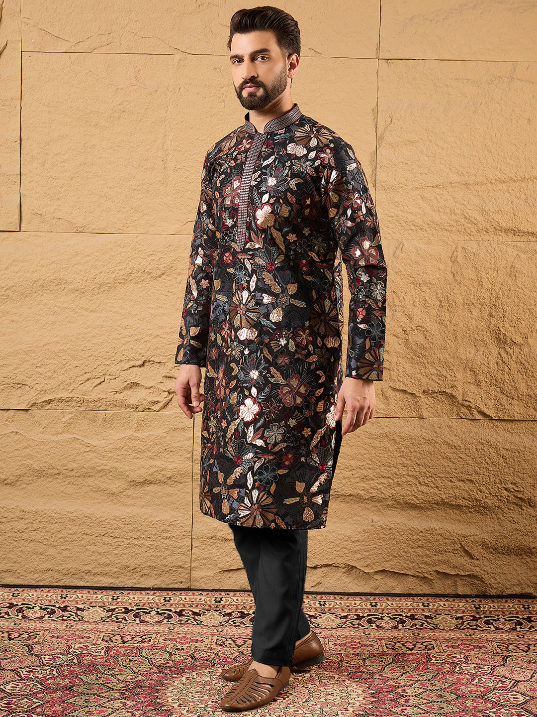 Black Silk Blend Solid Embroidered Straight Kurta | SHOBITAM