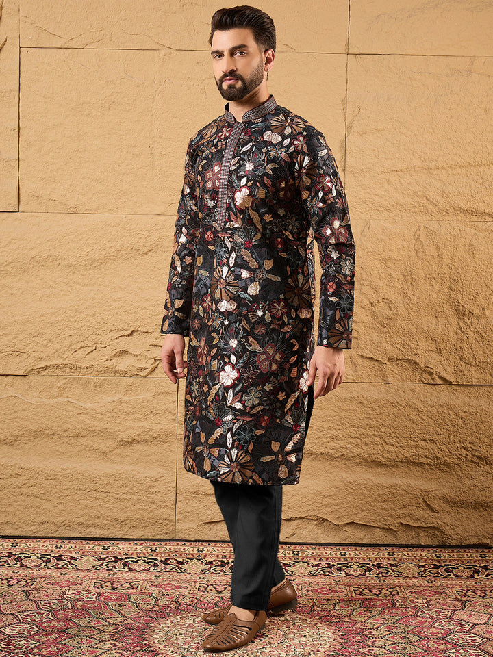 Black Silk Blend Solid Embroidered Straight Kurta | SHOBITAM