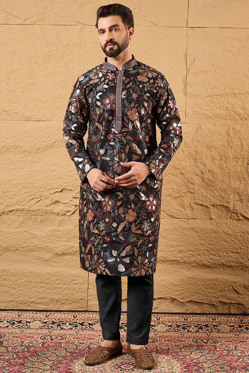 Black Silk Blend Solid Embroidered Straight Kurta | SHOBITAM