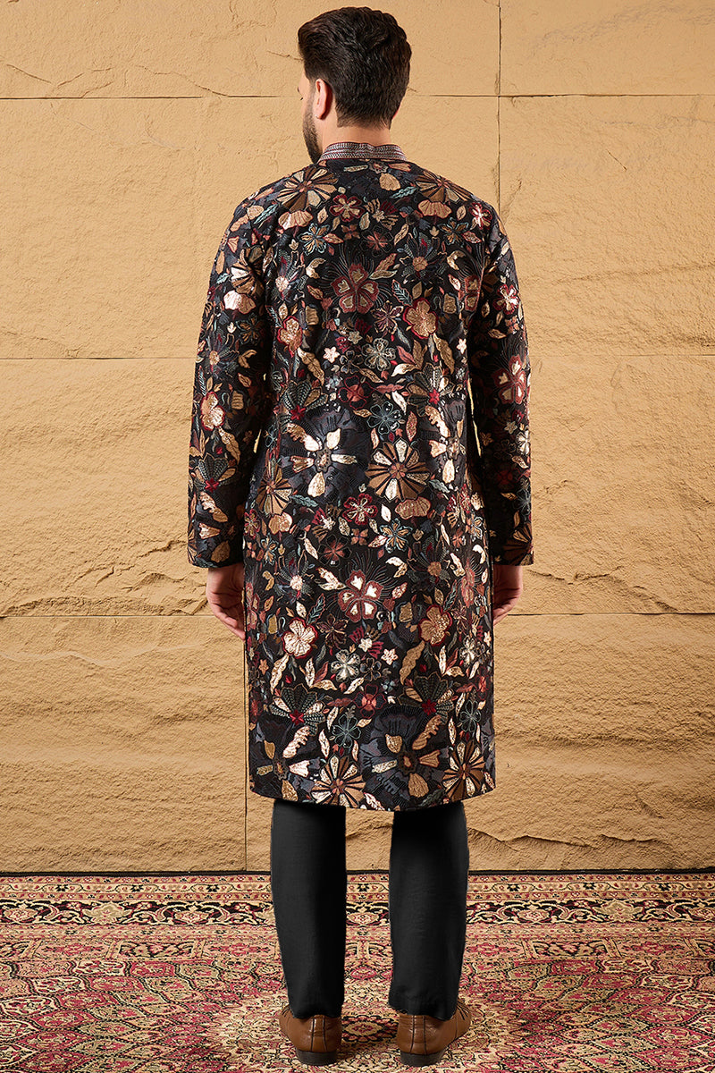 Black Silk Blend Solid Embroidered Straight Kurta | SHOBITAM
