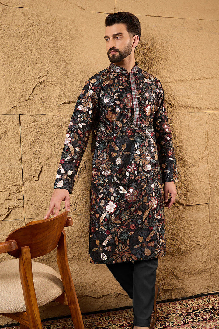 Black Silk Blend Solid Embroidered Straight Kurta | SHOBITAM