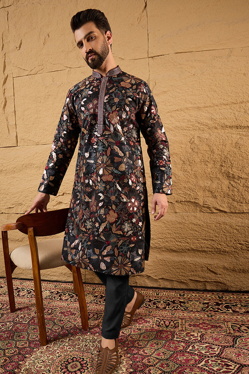 Black Silk Blend Solid Embroidered Straight Kurta | SHOBITAM