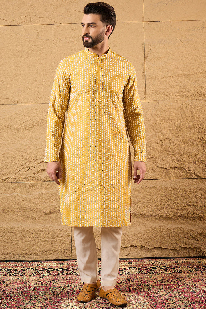 Yellow Silk Blend Embroidered Mandarin Collar Straight Kurta | SHOBITAM