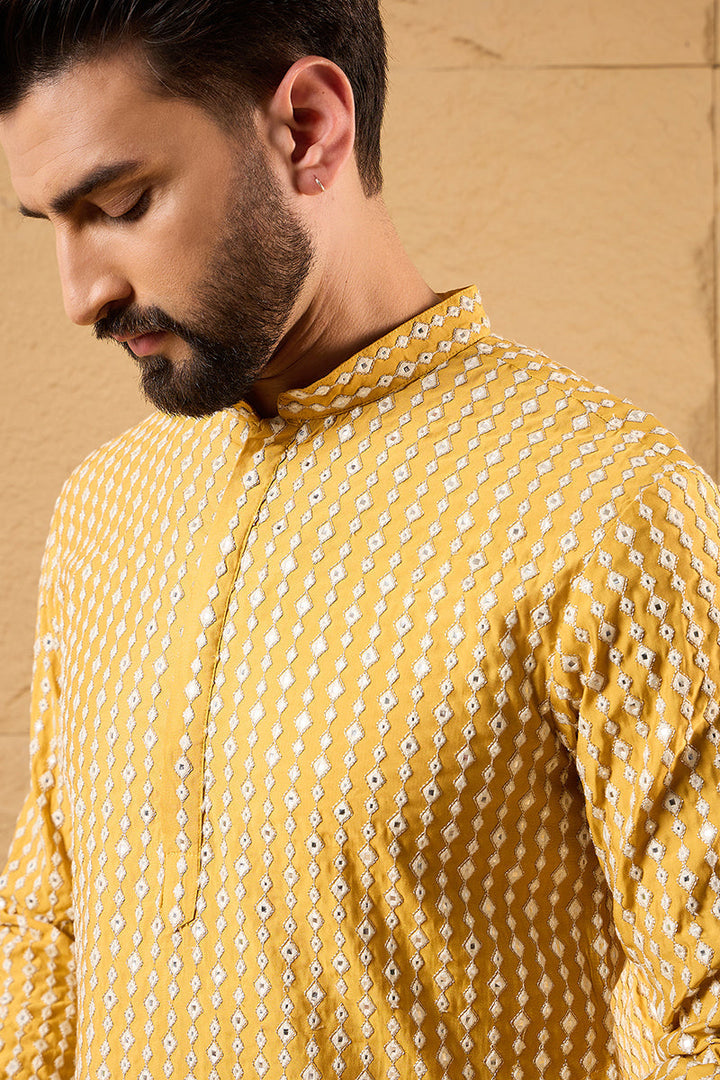 Yellow Silk Blend Embroidered Mandarin Collar Straight Kurta | SHOBITAM