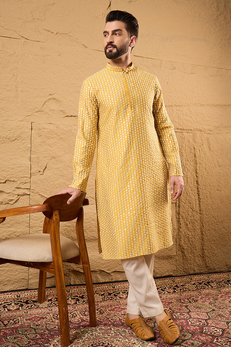 Yellow Silk Blend Embroidered Mandarin Collar Straight Kurta | SHOBITAM