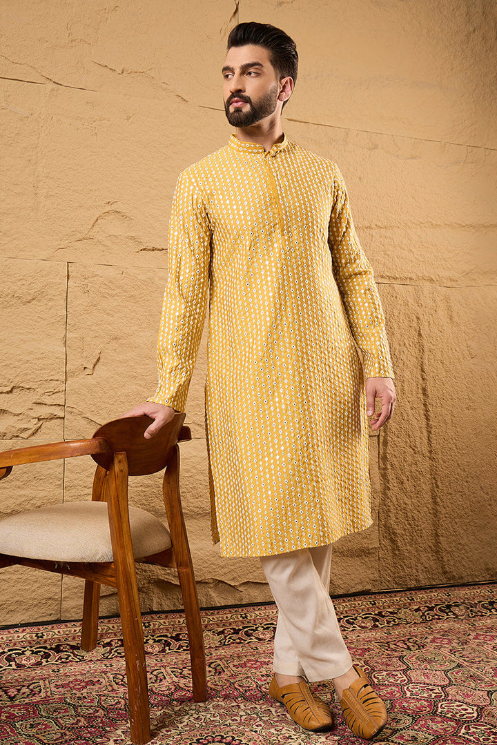 Yellow Silk Blend Embroidered Mandarin Collar Straight Kurta | SHOBITAM