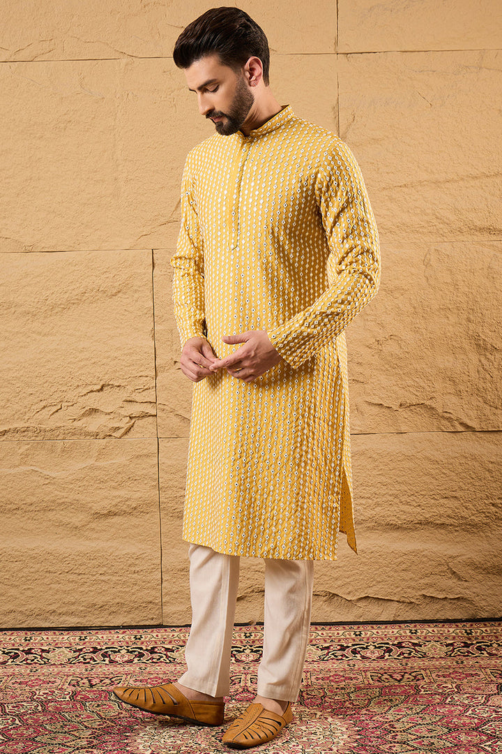 Yellow Silk Blend Embroidered Mandarin Collar Straight Kurta | SHOBITAM