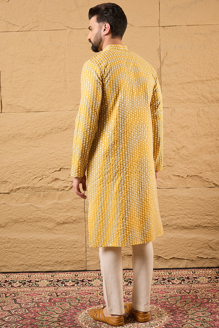 Yellow Silk Blend Embroidered Mandarin Collar Straight Kurta | SHOBITAM