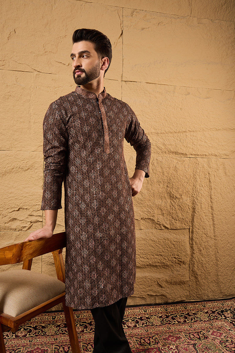 Brown Viscose Rayon Ethnic Motifs Embroidered Chikankari Straight Kurta | SHOBITAM