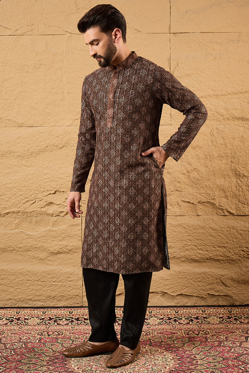 Brown Viscose Rayon Ethnic Motifs Embroidered Chikankari Straight Kurta | SHOBITAM