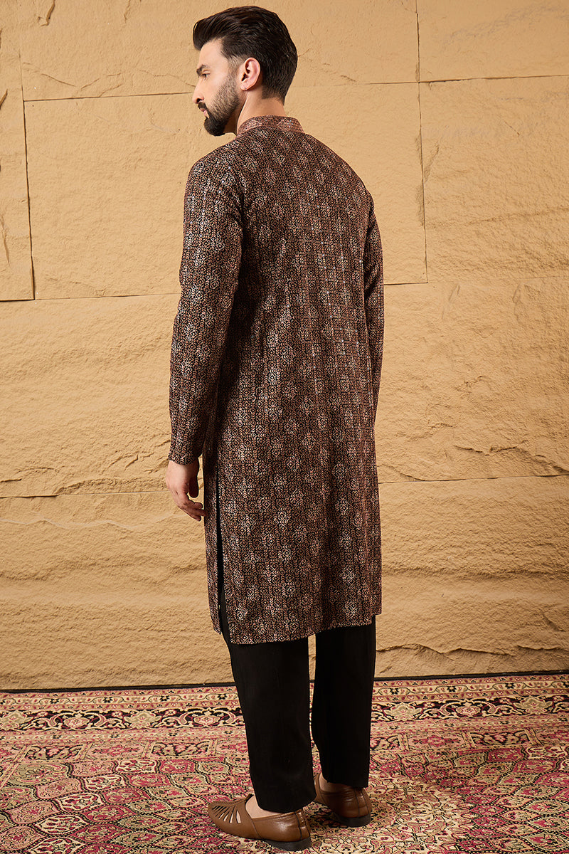 Brown Viscose Rayon Ethnic Motifs Embroidered Chikankari Straight Kurta | SHOBITAM